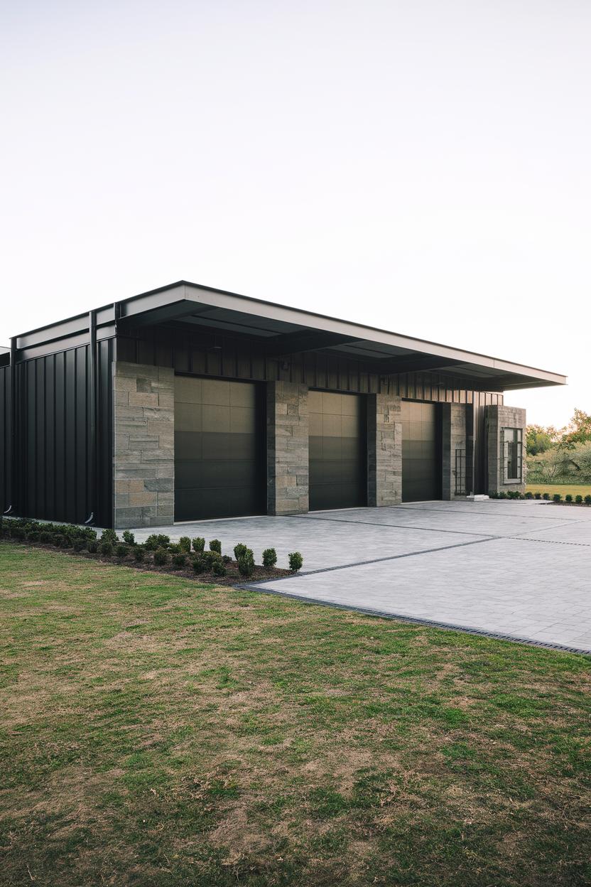 Modern black garage with stone walls, sleek driveway