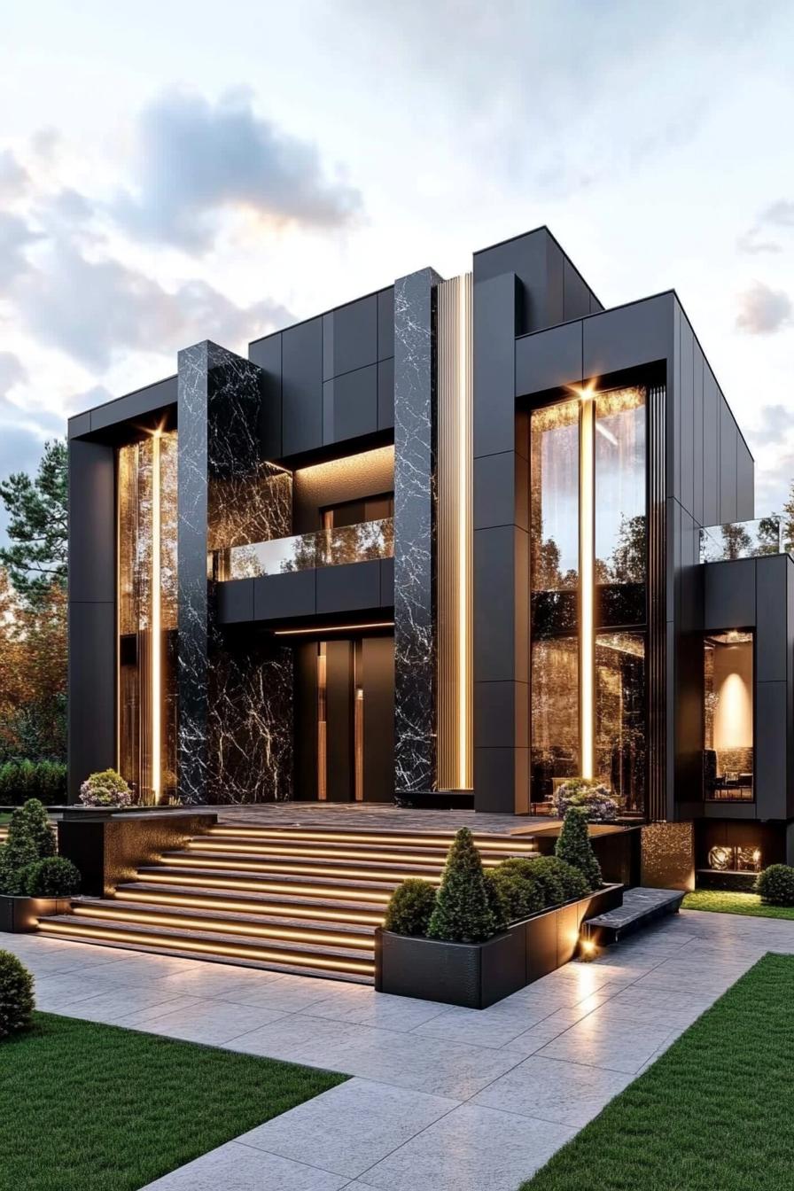 Sleek black and gold modern house exterior with steps