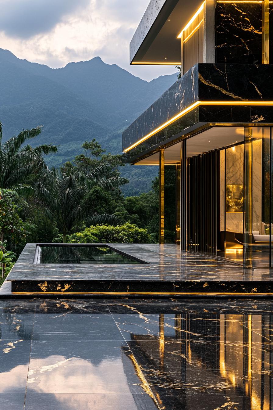 Modern luxury home with reflective marble surfaces and mountain view