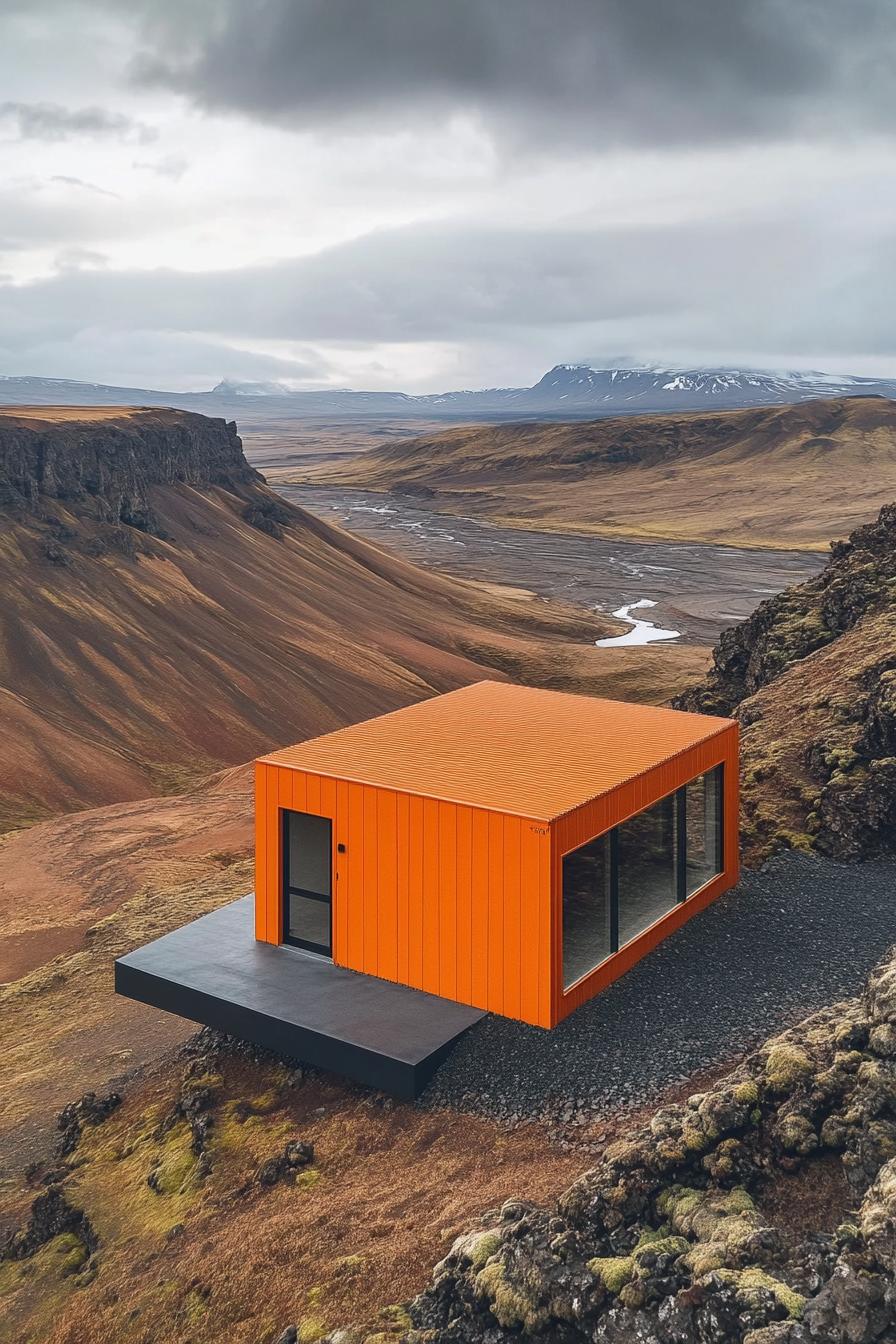 Bright orange metal home on a rocky cliffside