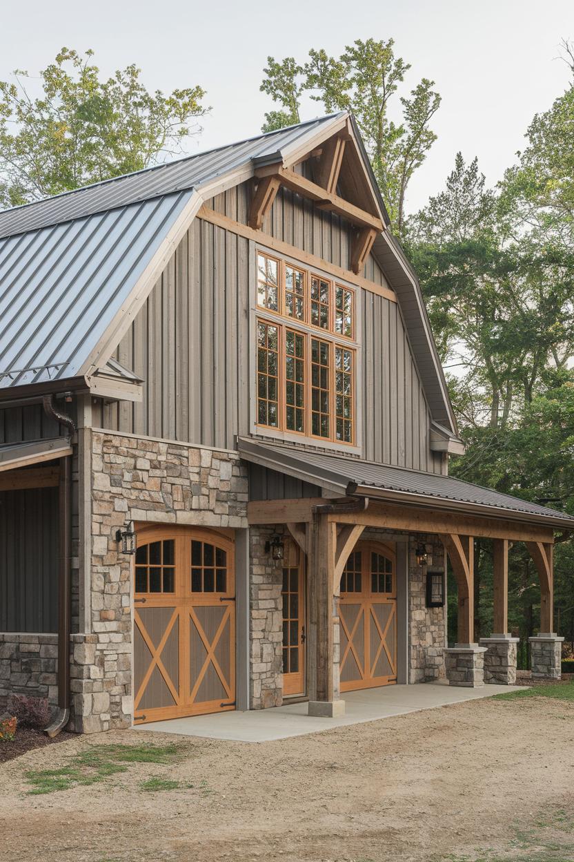 Rustic garage with stone and wood elements