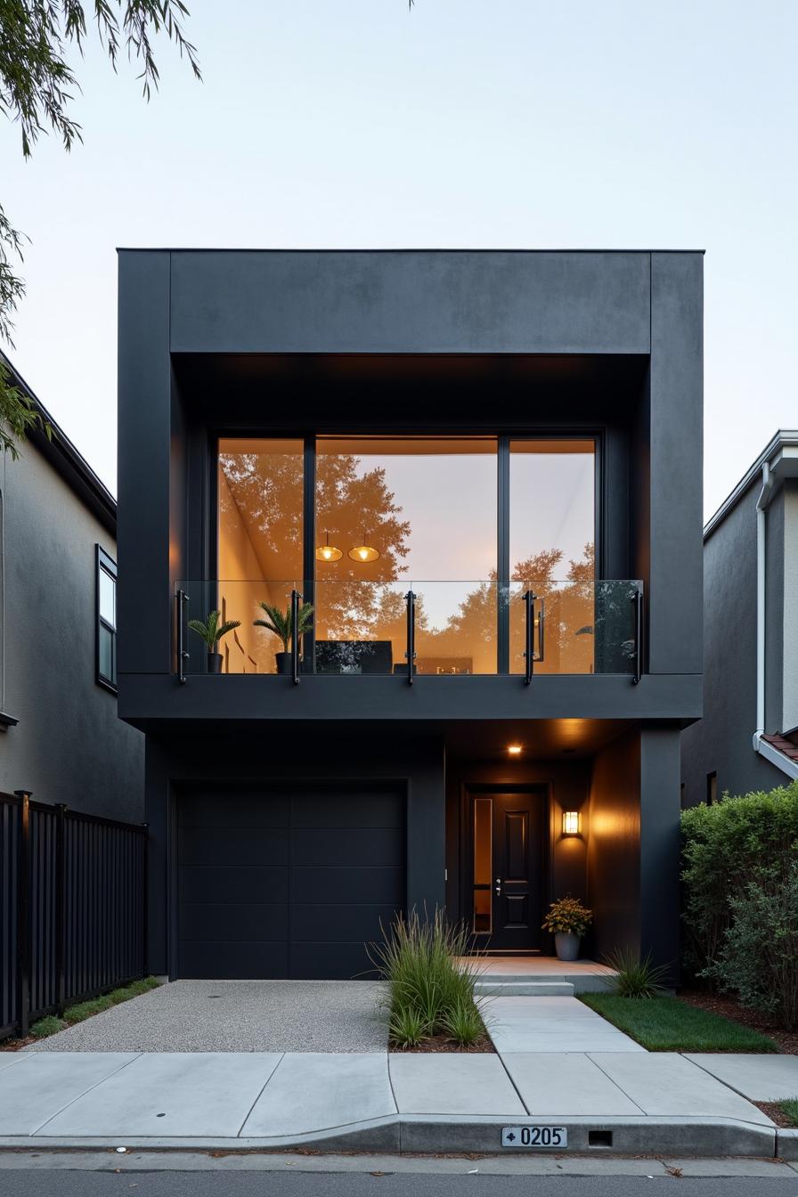 Modern black house with large windows and sleek architecture