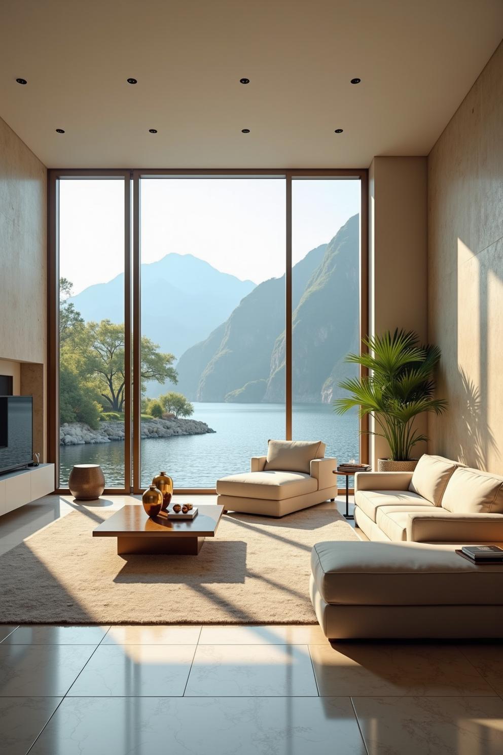 Luxurious living room with panoramic window view of lake and mountains