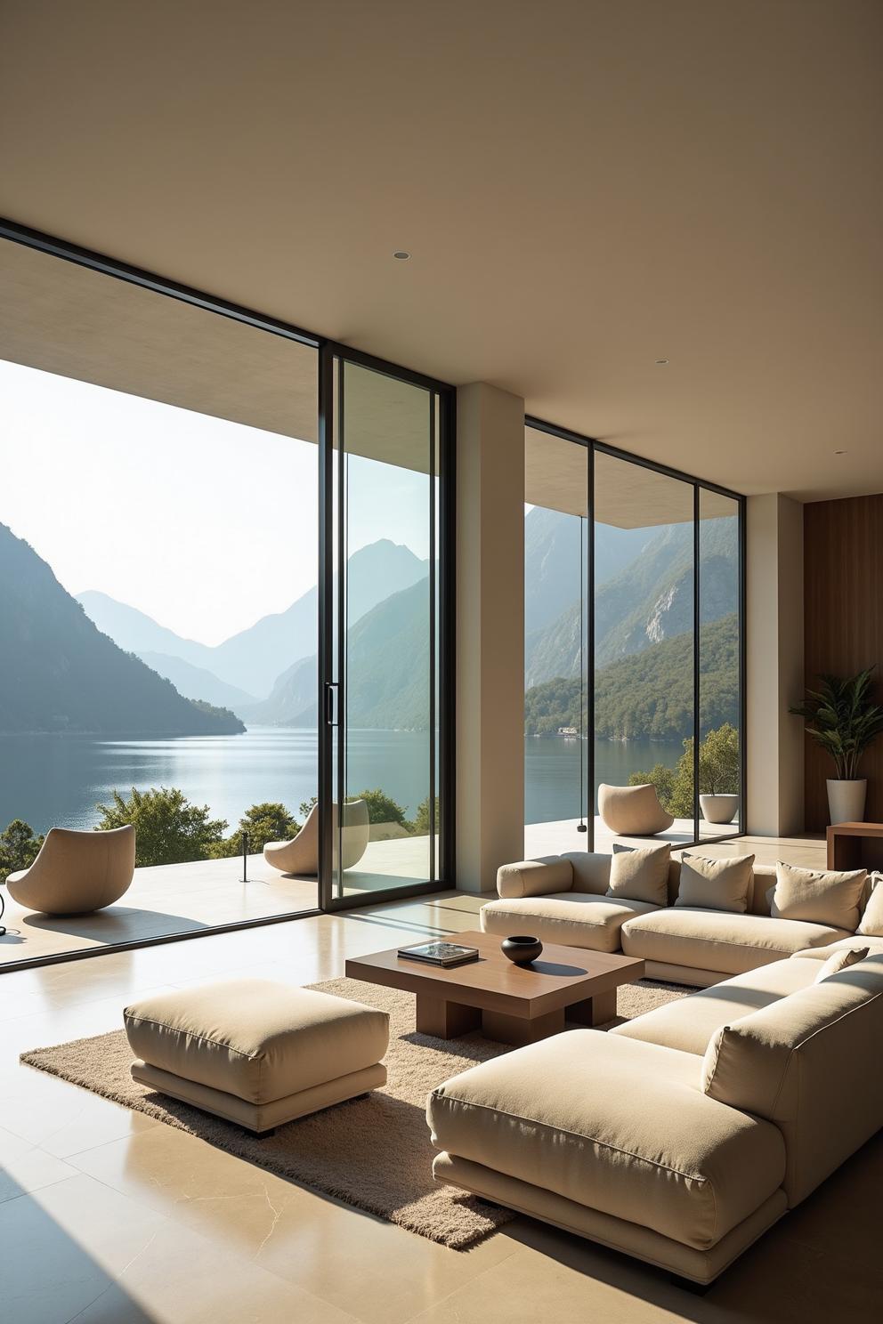 Luxurious living room overlooking serene lake and mountains