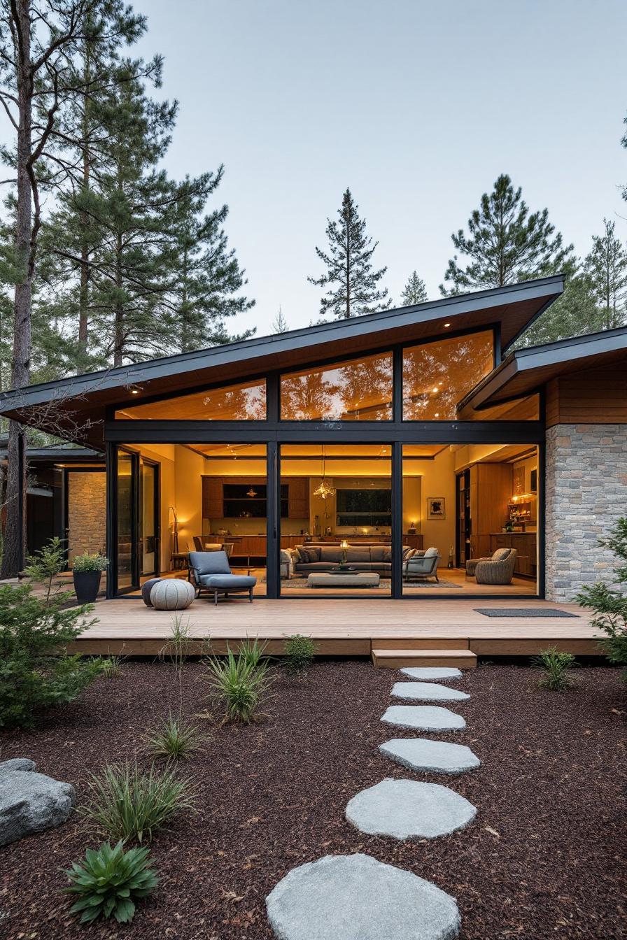 Large glass windows on a mid-century modern ranch house with a sleek wood deck