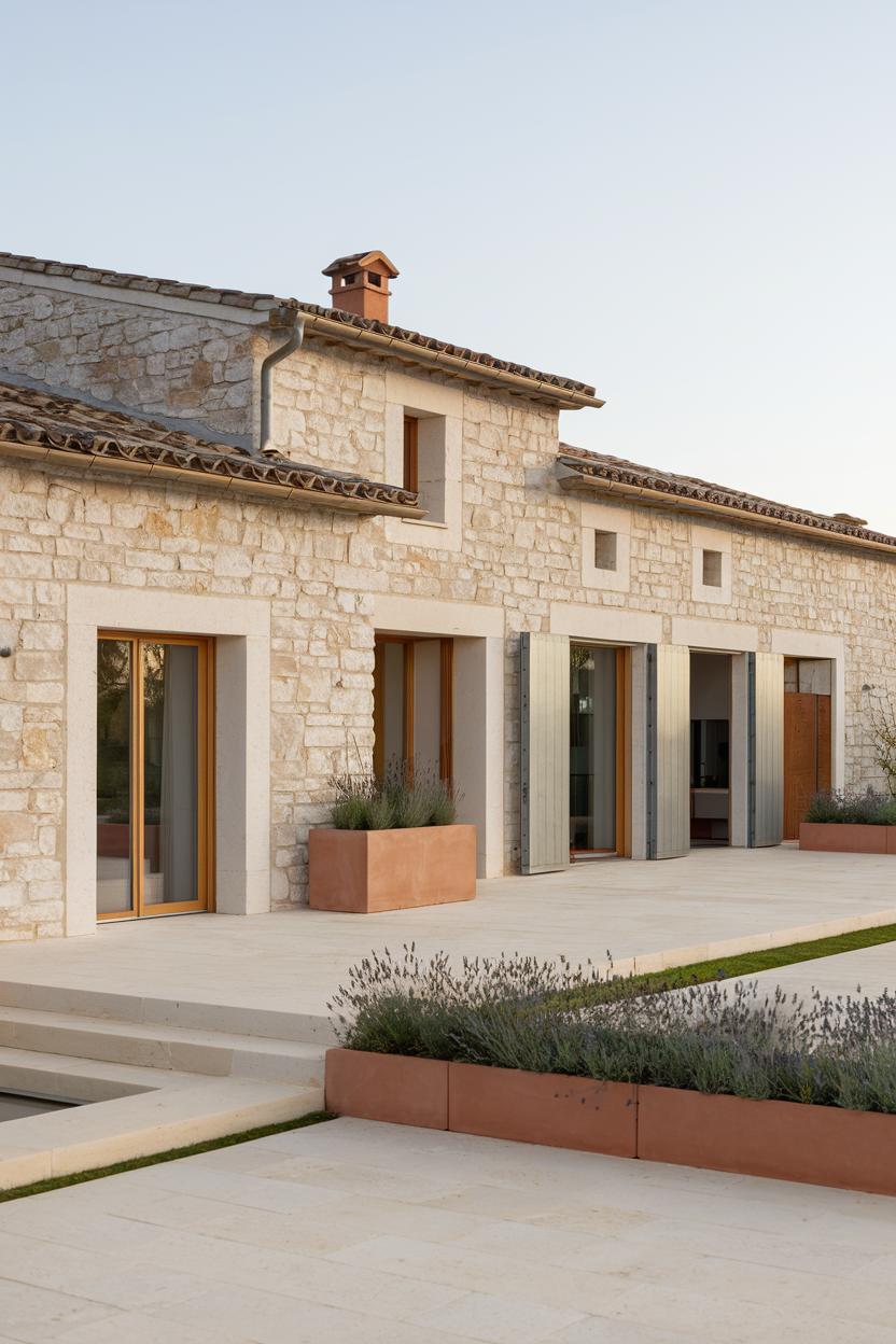 Rustic Italian farmhouse with lavender planters