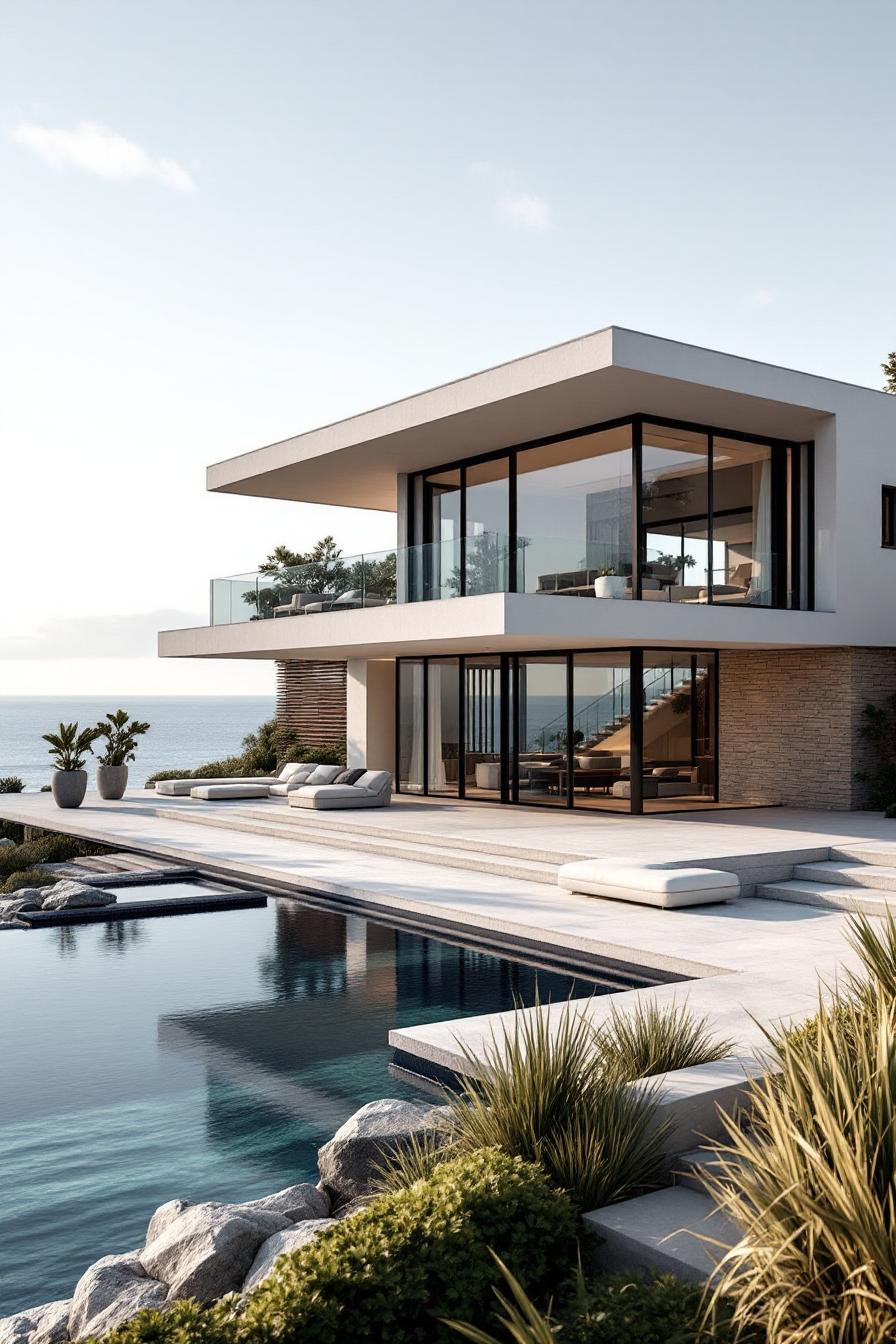 Modern luxury house with large windows by the sea