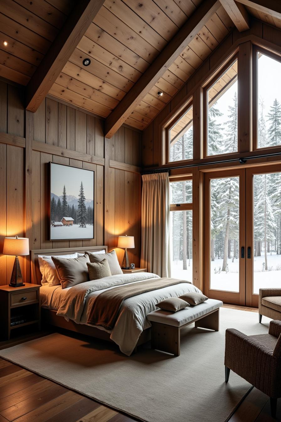 Warm bedroom interior with wooden accents and snowy view