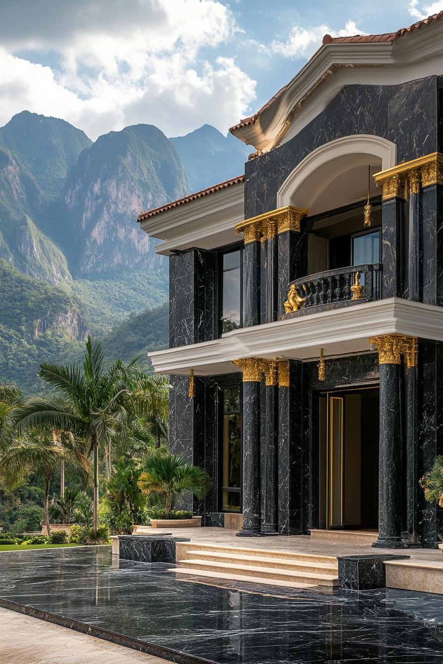 Luxurious black and gold accented mansion with mountain backdrop