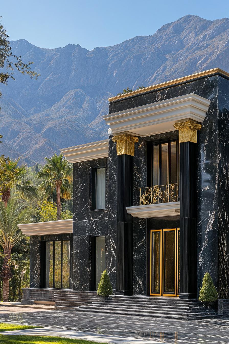 Luxurious black marble mansion with gold trim set against a mountain backdrop