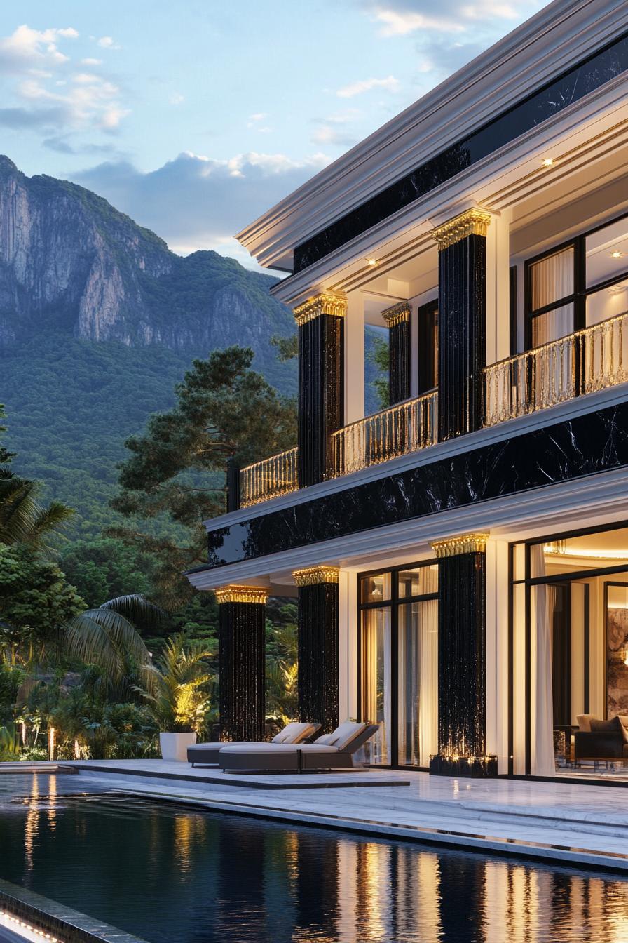 Luxurious mansion with gold accents and mountain backdrop