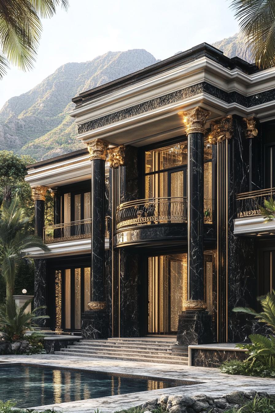 Luxurious mansion with black marble columns and gold accents