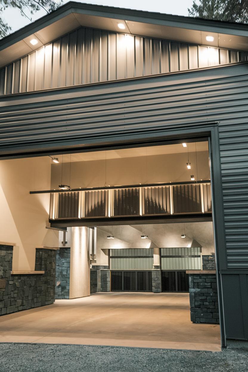 A spacious steel garage with open doors and stone accents