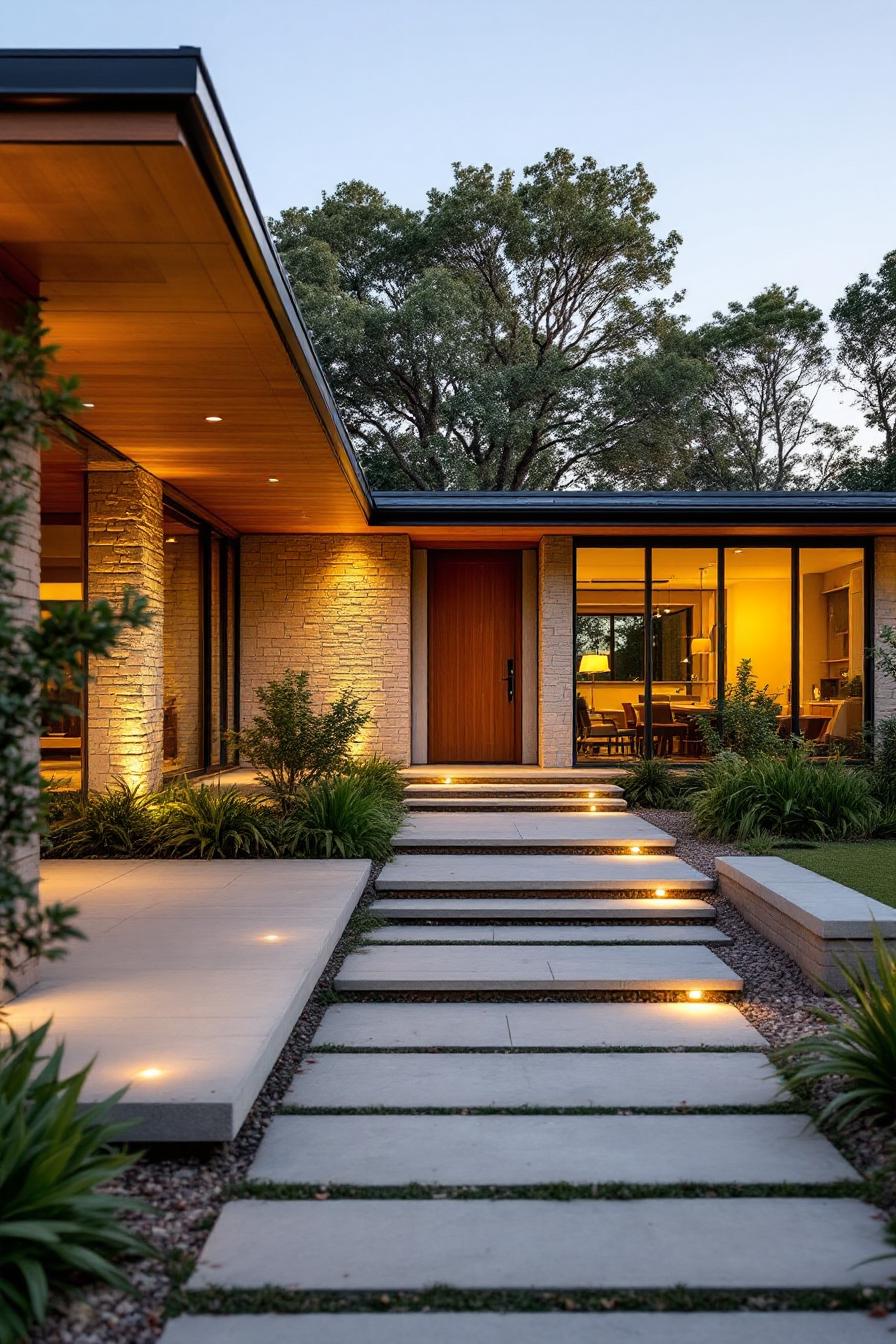 Pathway leads to a warmly-lit, mid-century ranch home with large windows