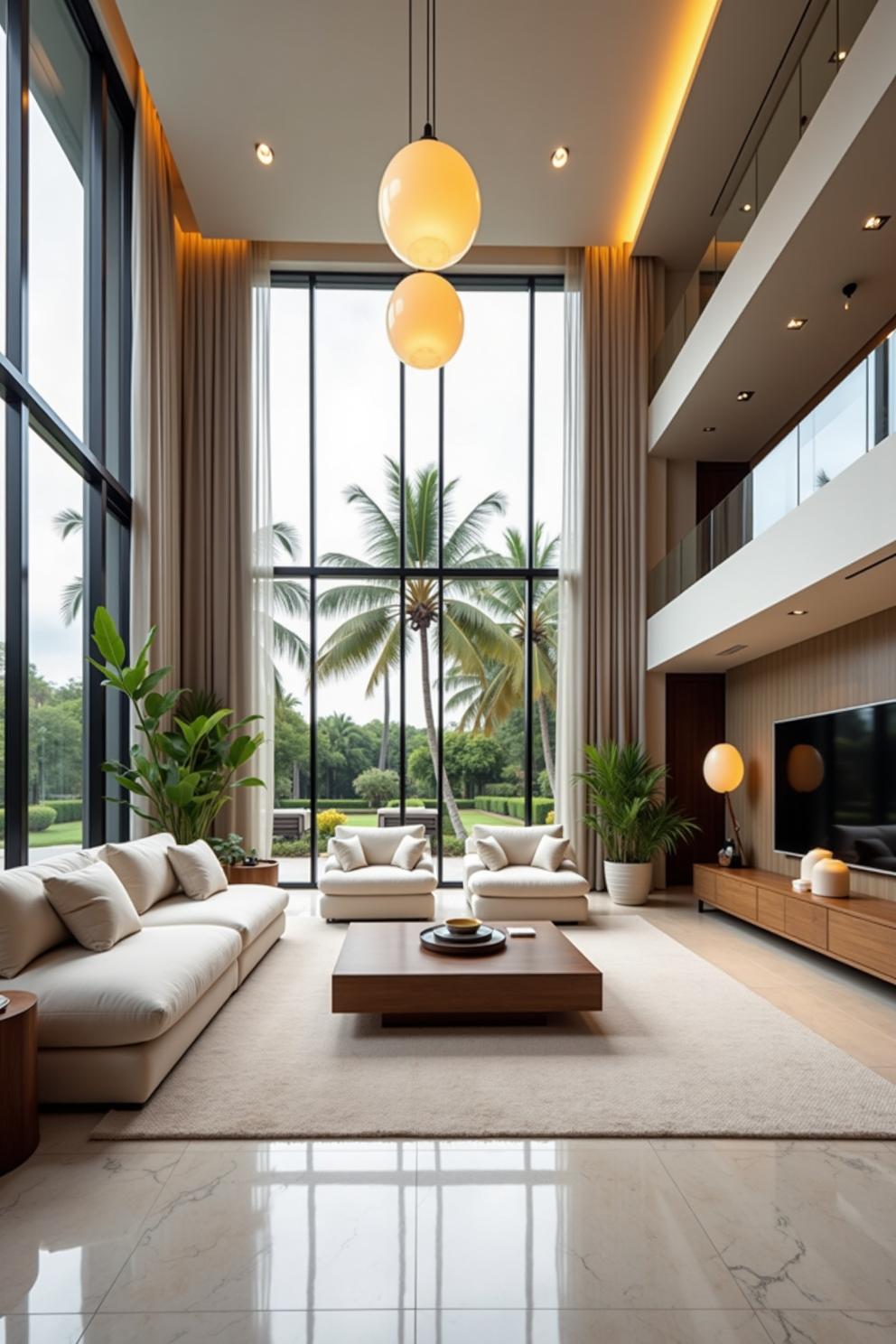 Modern lounge with soaring windows and elegant decor