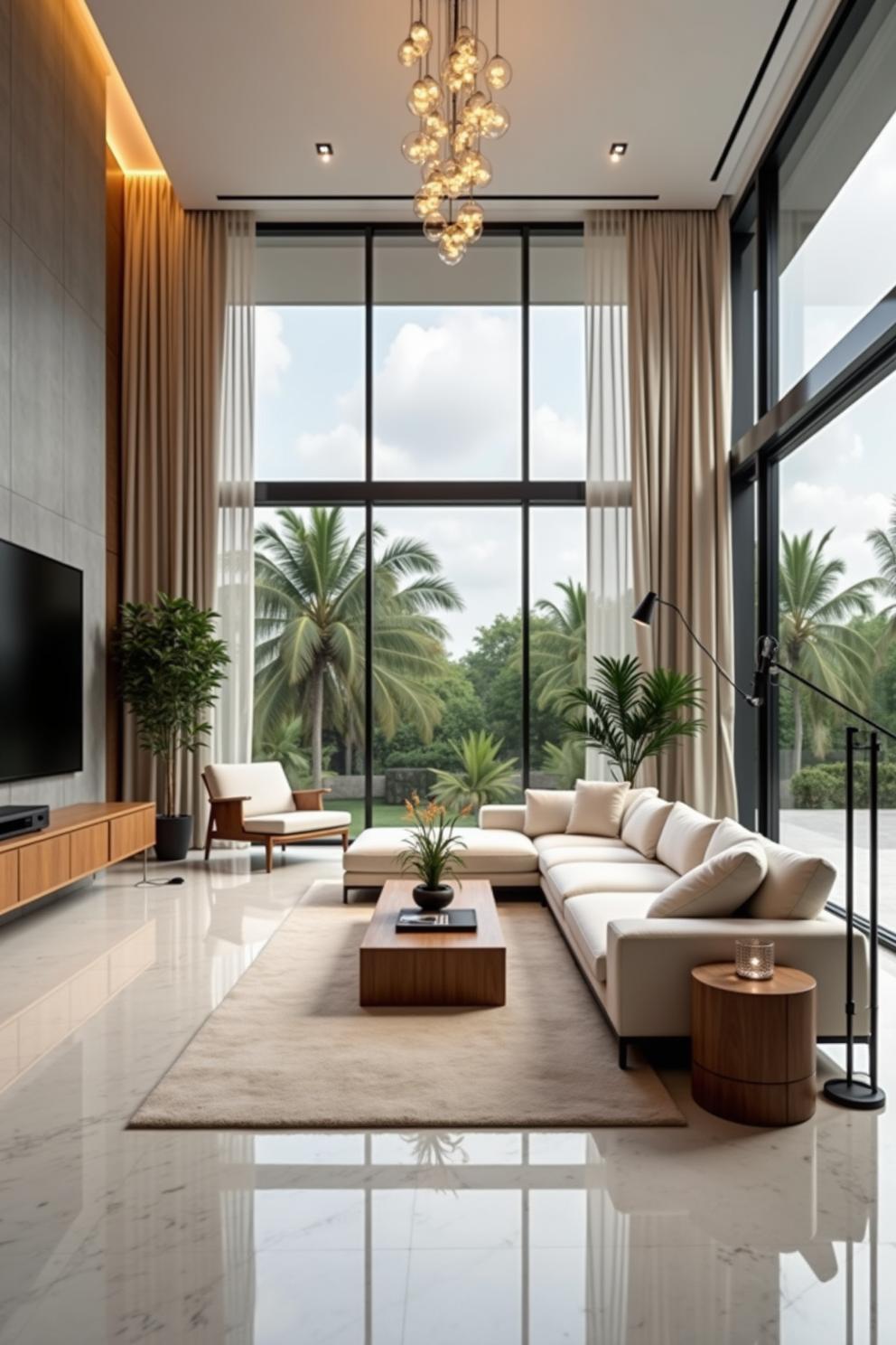 Luxury living room with tall windows and palm trees outside