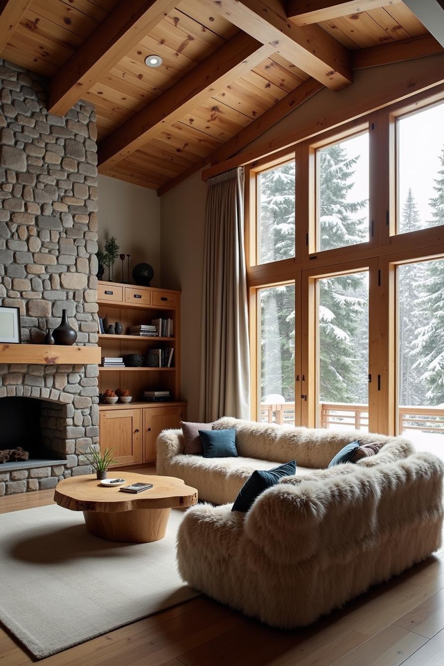 Rustic cabin interior with stone fireplace and fluffy couches