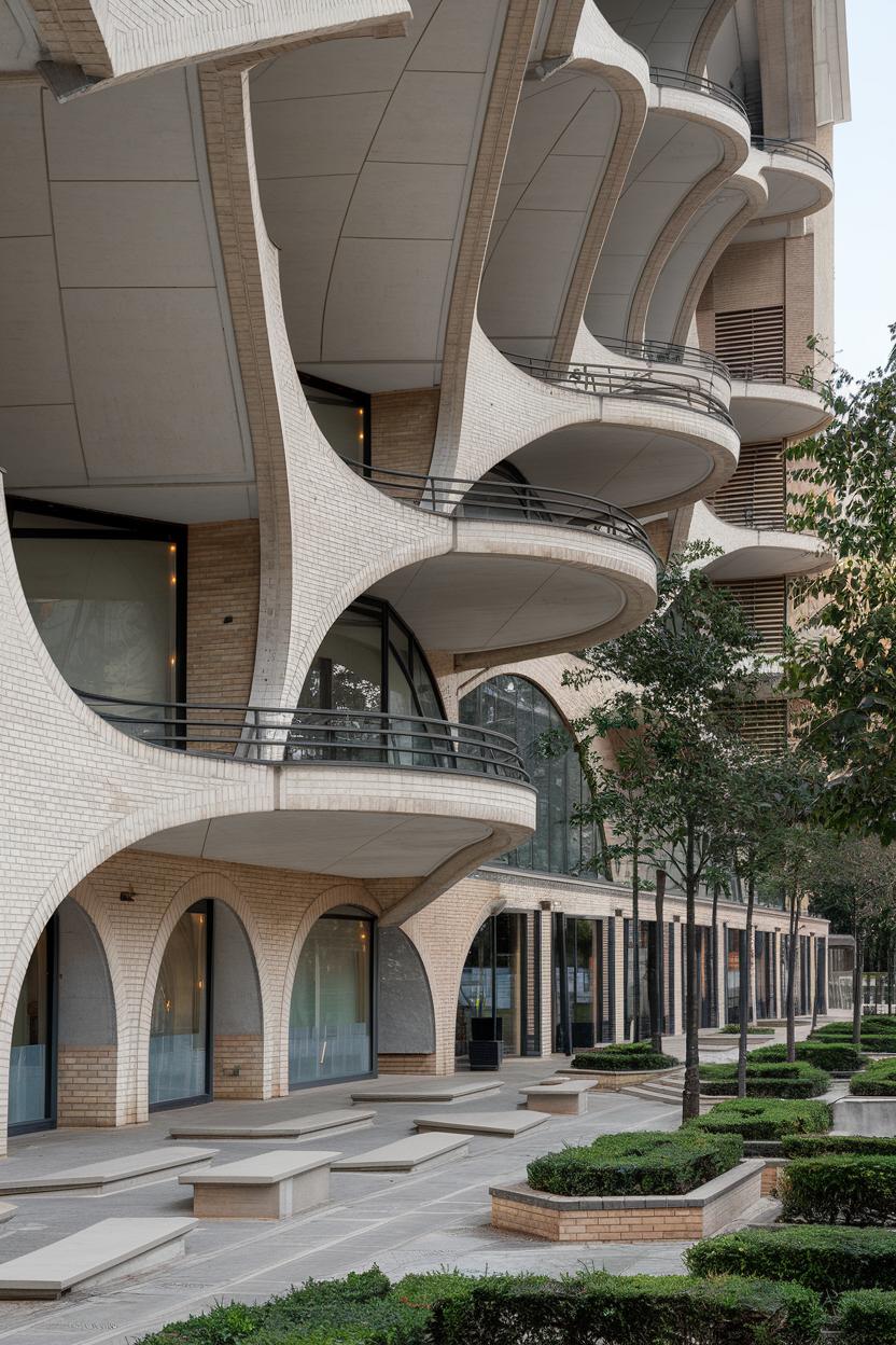 Modern building with curved arches and balconies