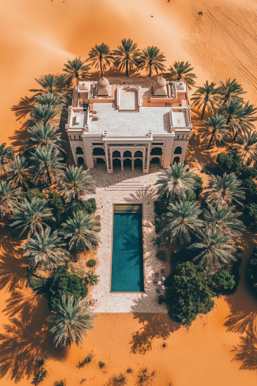 Desert mansion surrounded by palm trees with a central pool