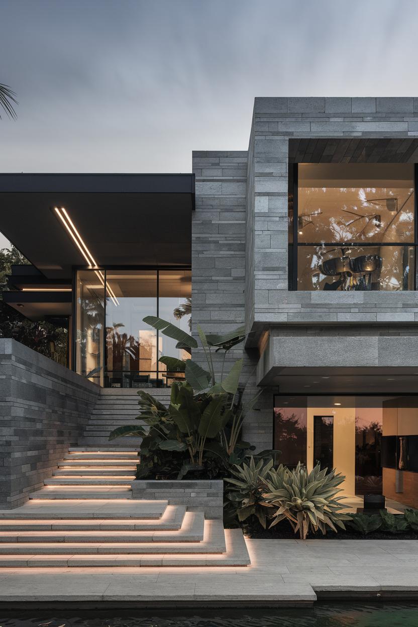 Modern house with illuminated stairs and lush plants