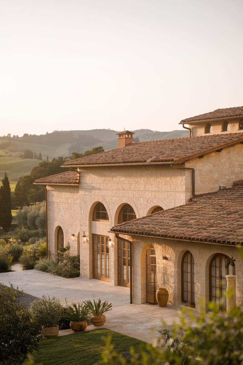 Italian farmhouse with large stone arches and terracotta roof