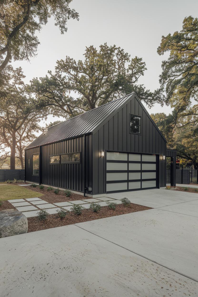 Modern black garage house with sleek lines and large windows