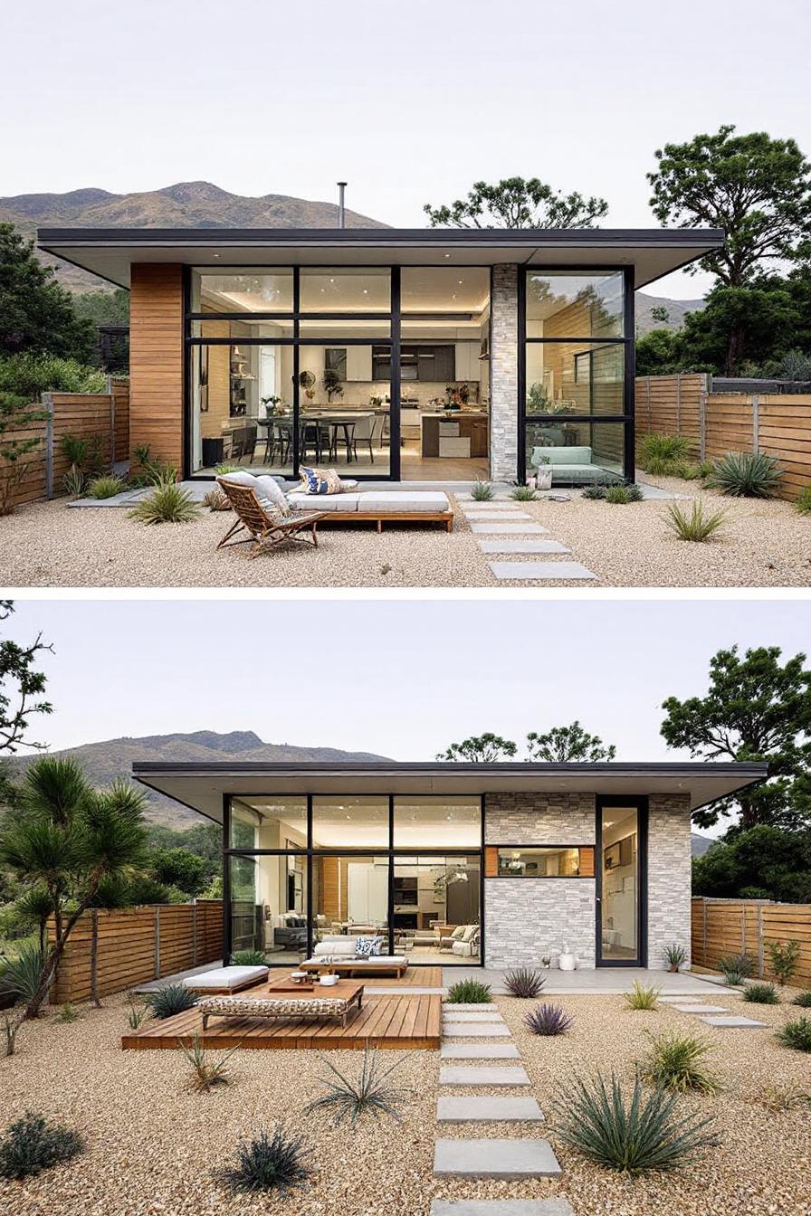 Modern mid-century ranch house with large windows and a minimalistic garden