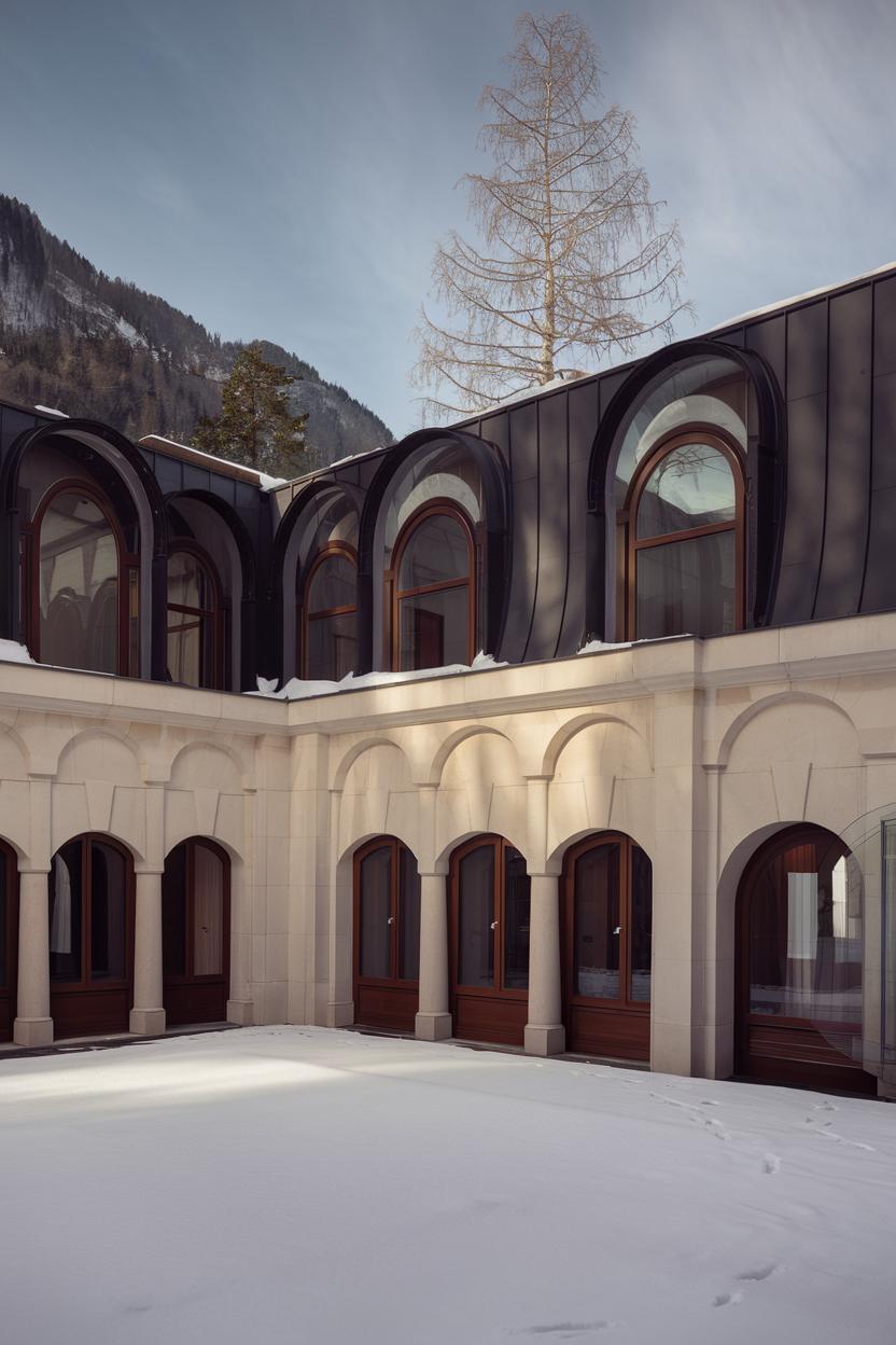 A building with arched windows in a snowy courtyard