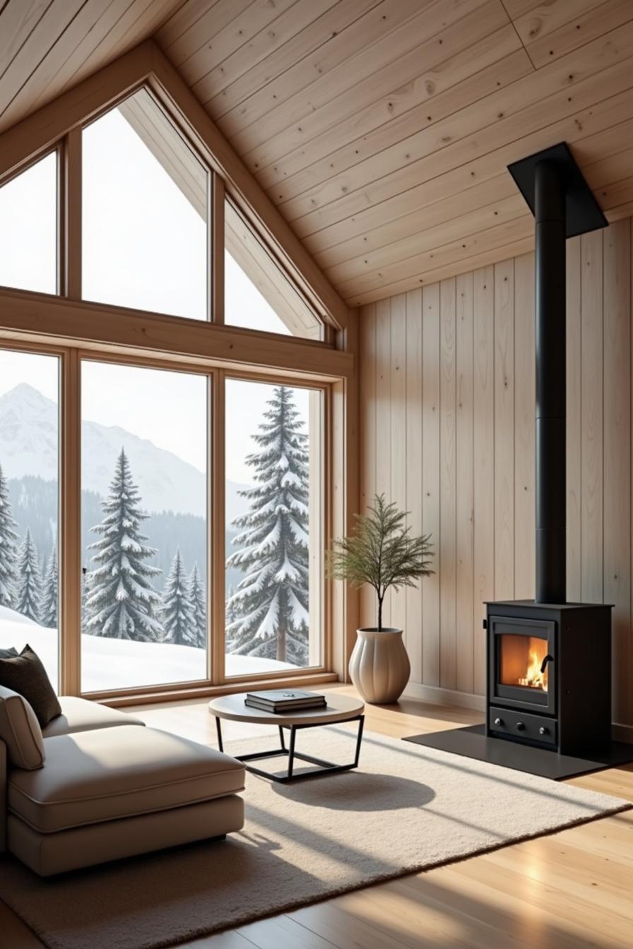 Cozy cabin interior with large windows and a fireplace