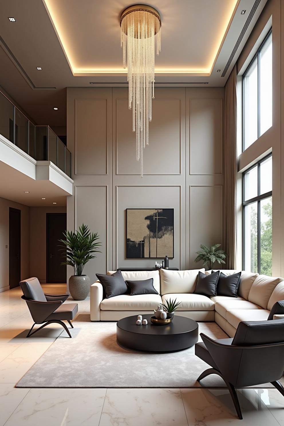 Elegant living room with high ceilings and chandelier