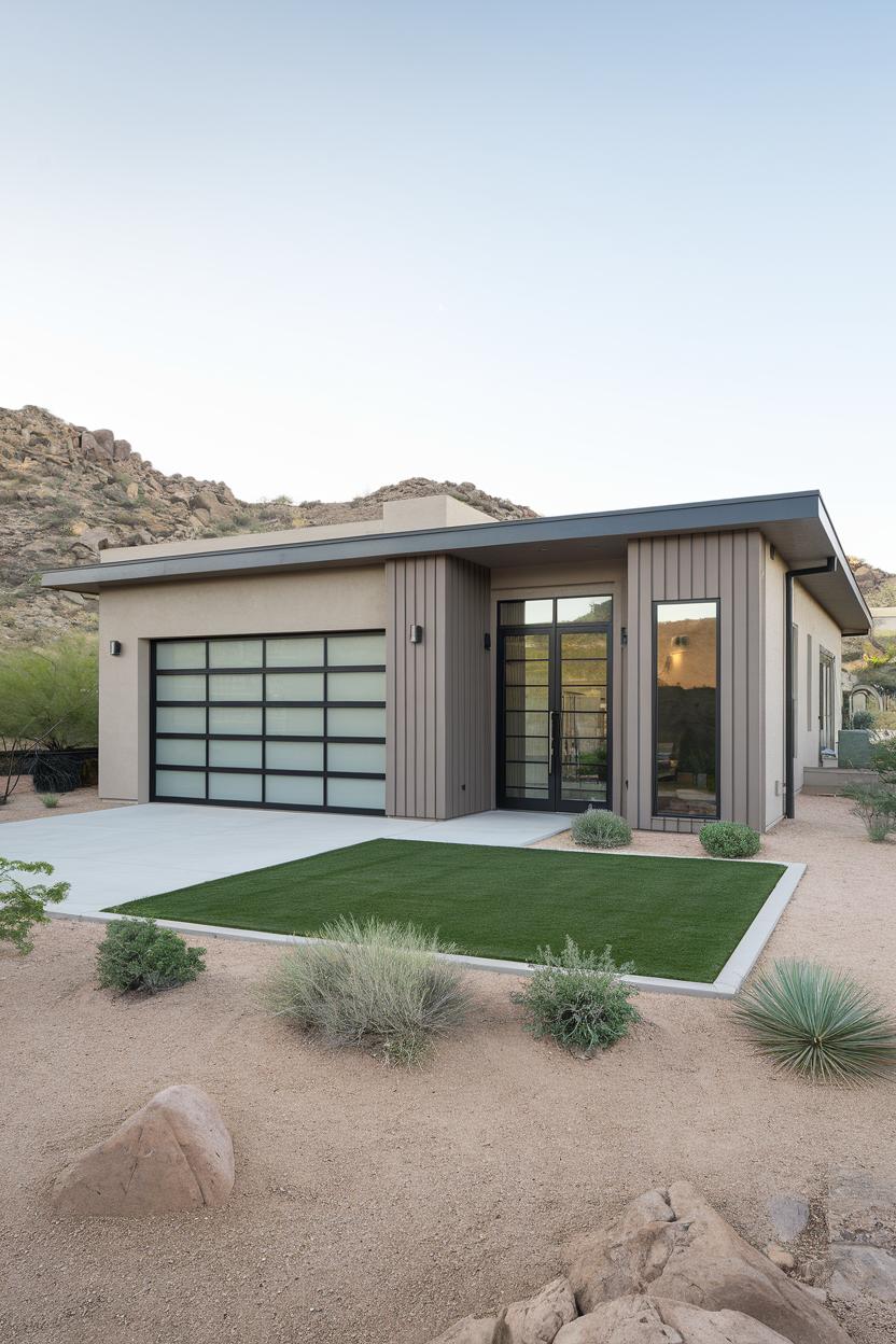 Modern garage house with minimalist design in desert landscape