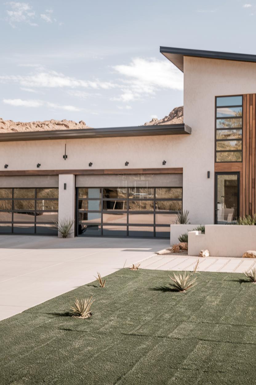 Garage house with a slanted roof and glass doors in a desert landscape