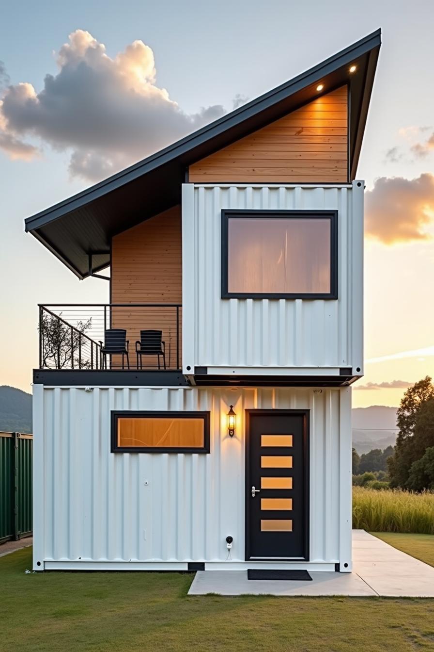 A contemporary tiny house with a minimalist design this two story structure is crafted from repurposed shipping containers. The exterior combines