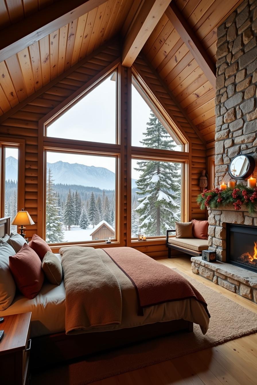 A cozy bedroom exudes a rustic aesthetic with a warm color palette of earthy browns and rich tans. The architecture features a high angular ceiling