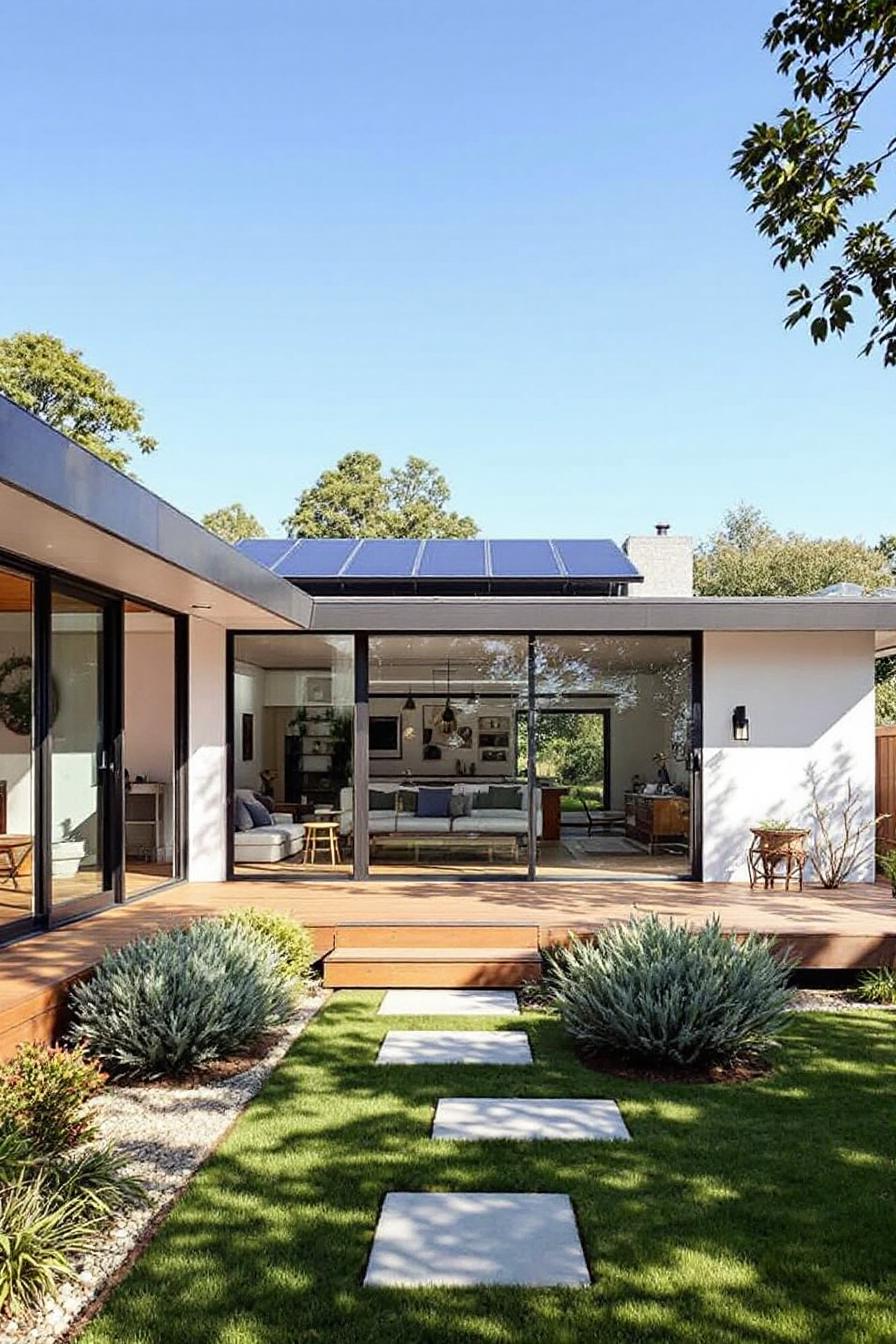 Mid-century ranch house with glass walls and lush garden