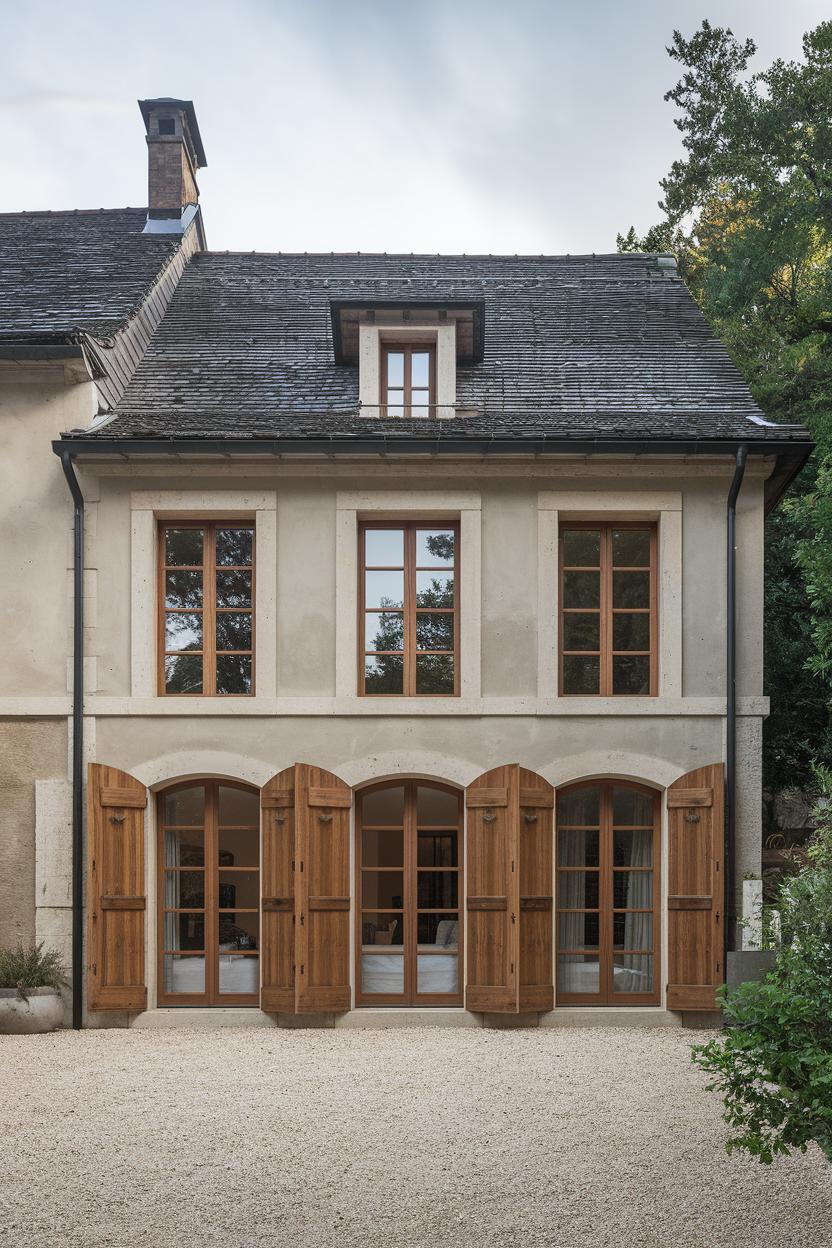 Elegant stone farmhouse with wooden shutters