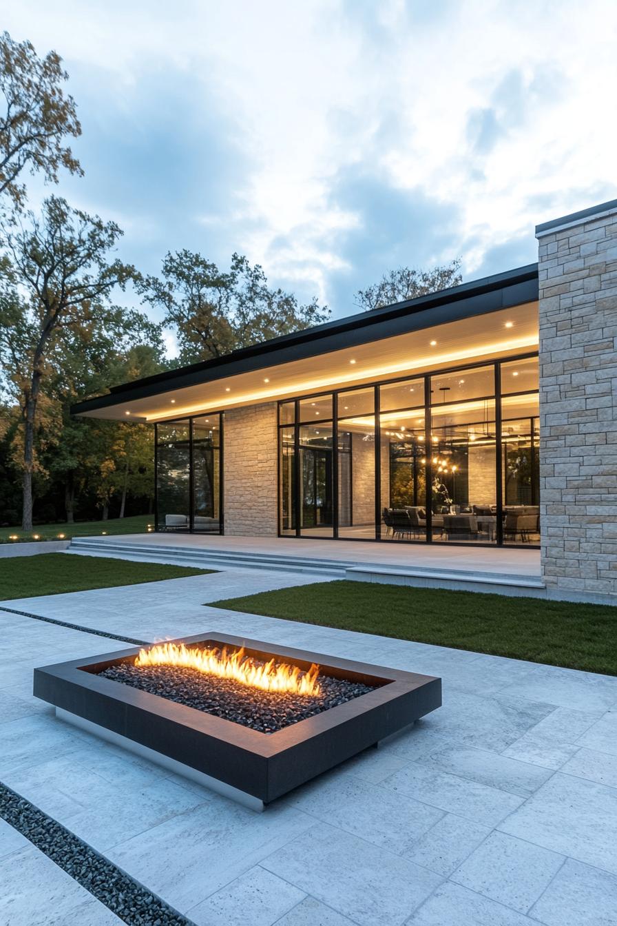 Modern house with large glass windows and outdoor fire pit