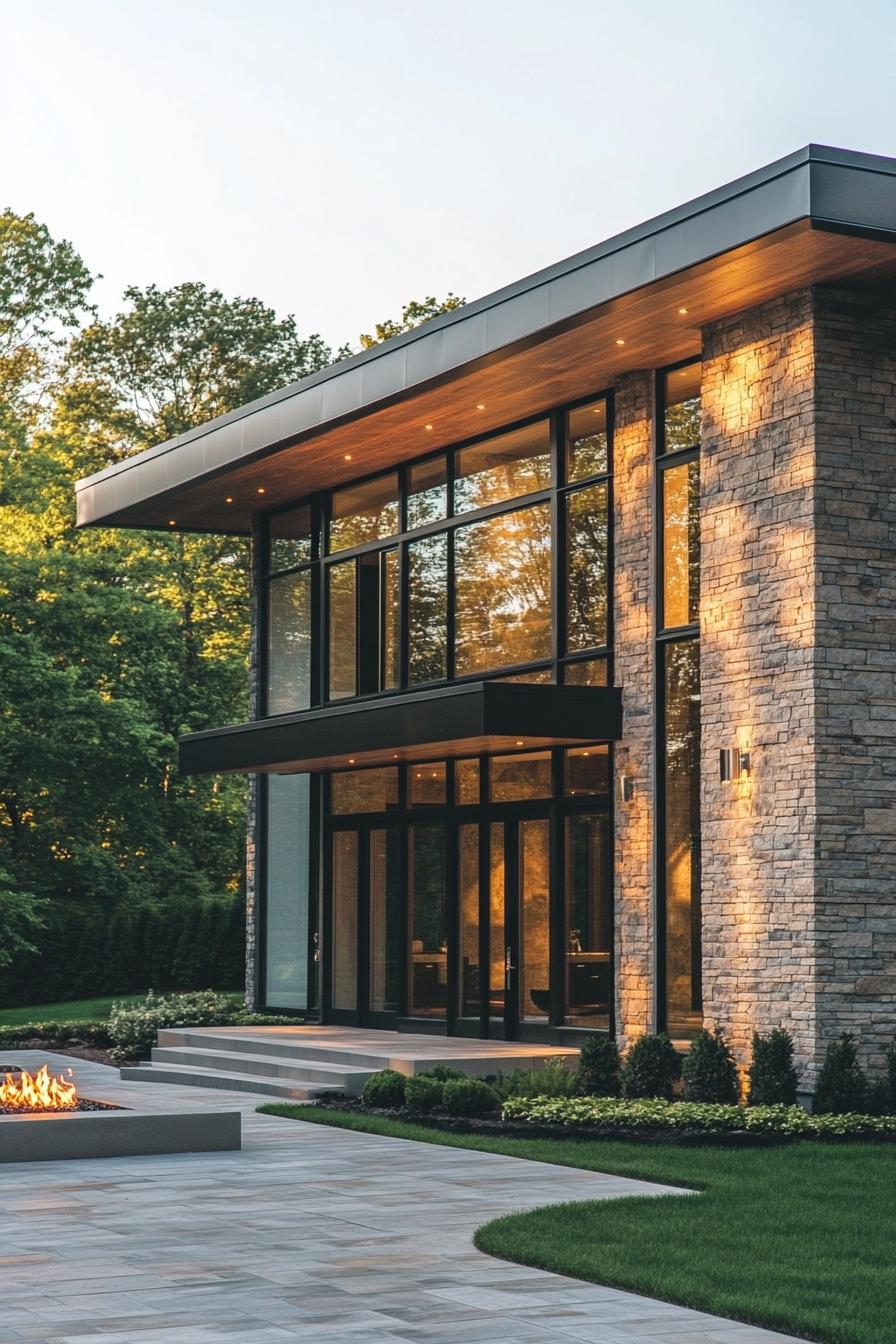 Modern house with large glass windows and an outdoor fire pit