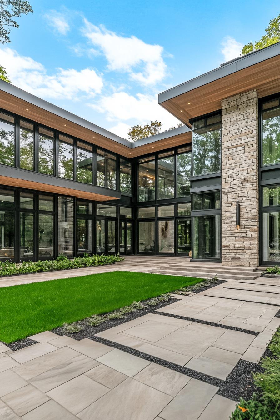 House featuring stone walls and expansive glass windows