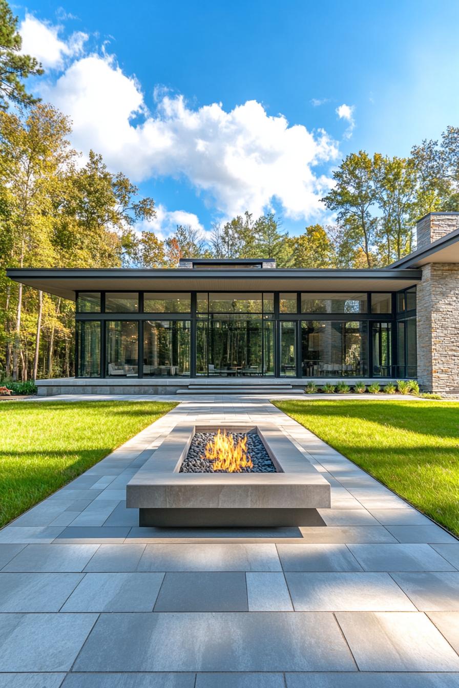 Sleek modern house with large glass windows and a stone path leading to a fire pit