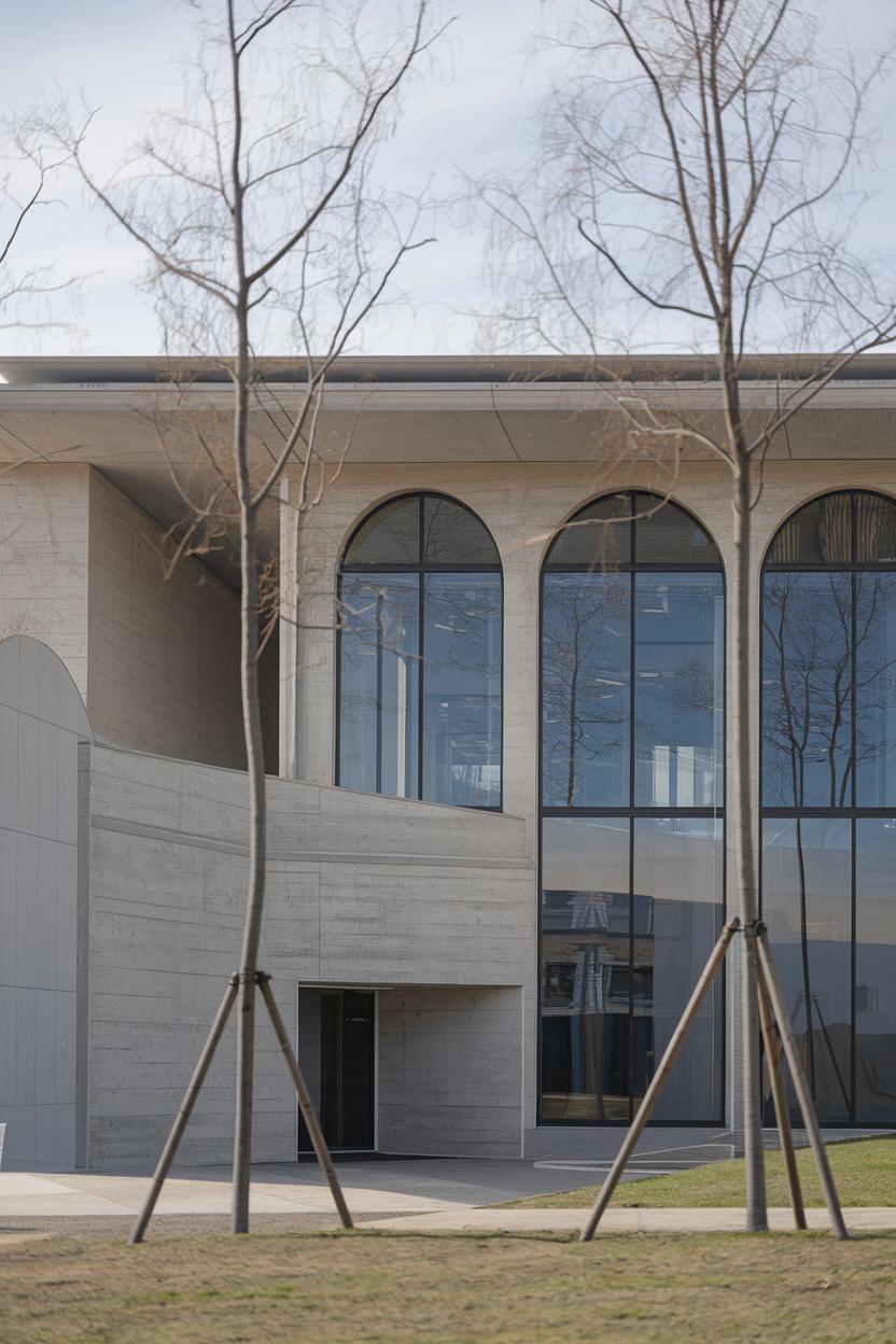 Modern building with large arched windows and bare trees