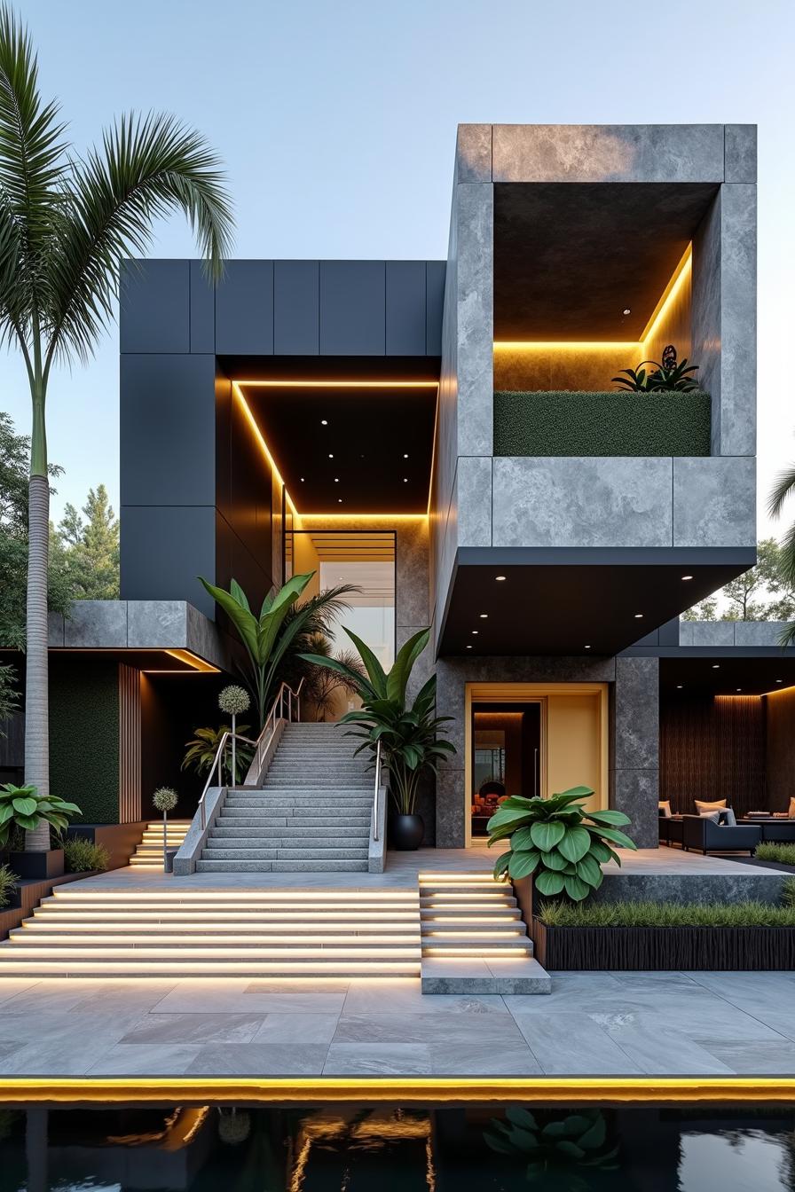 Modern house with lit stairs and lush greenery