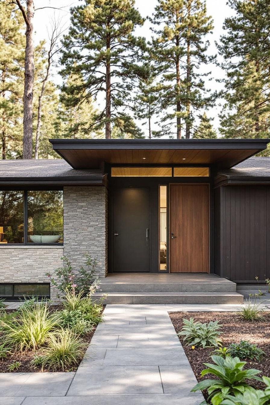 Front entrance of a mid-century ranch house with a blend of stone and wood features