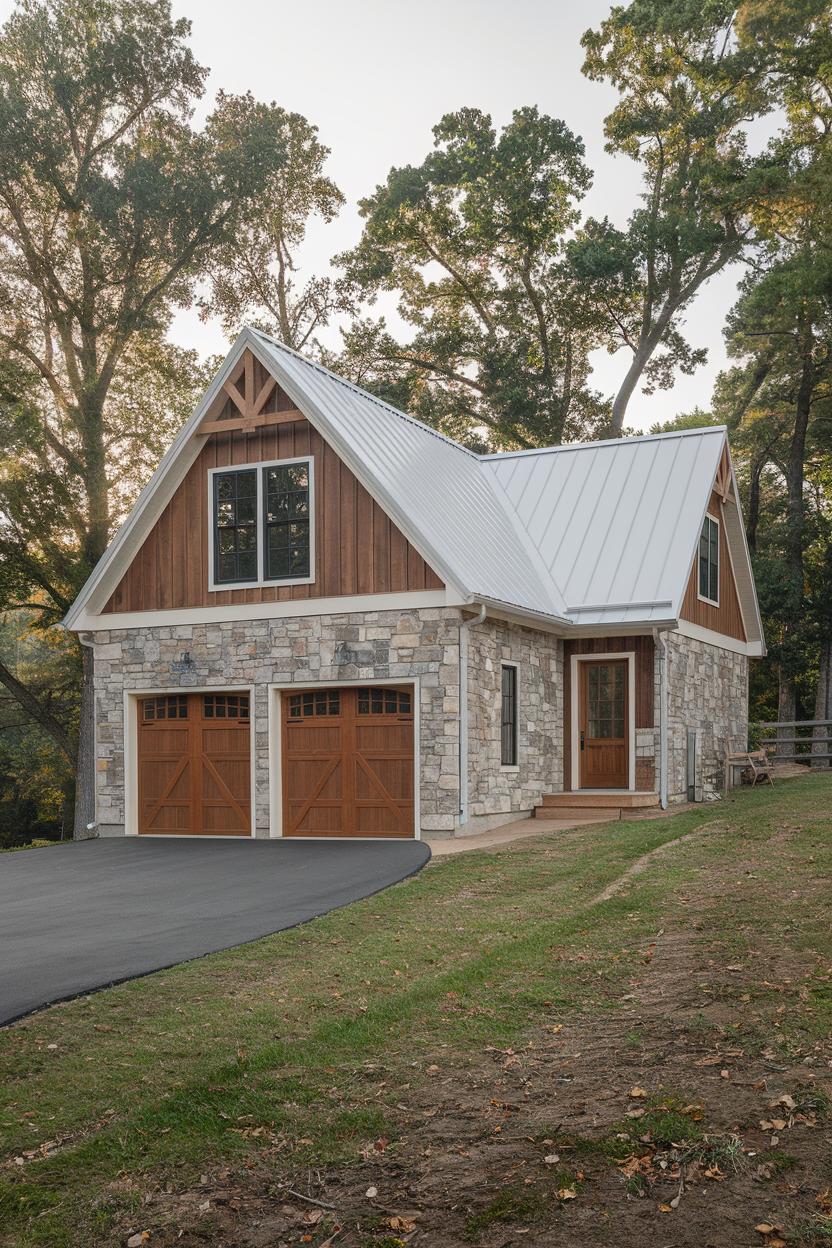 Wood and stone garage house in a forest setting