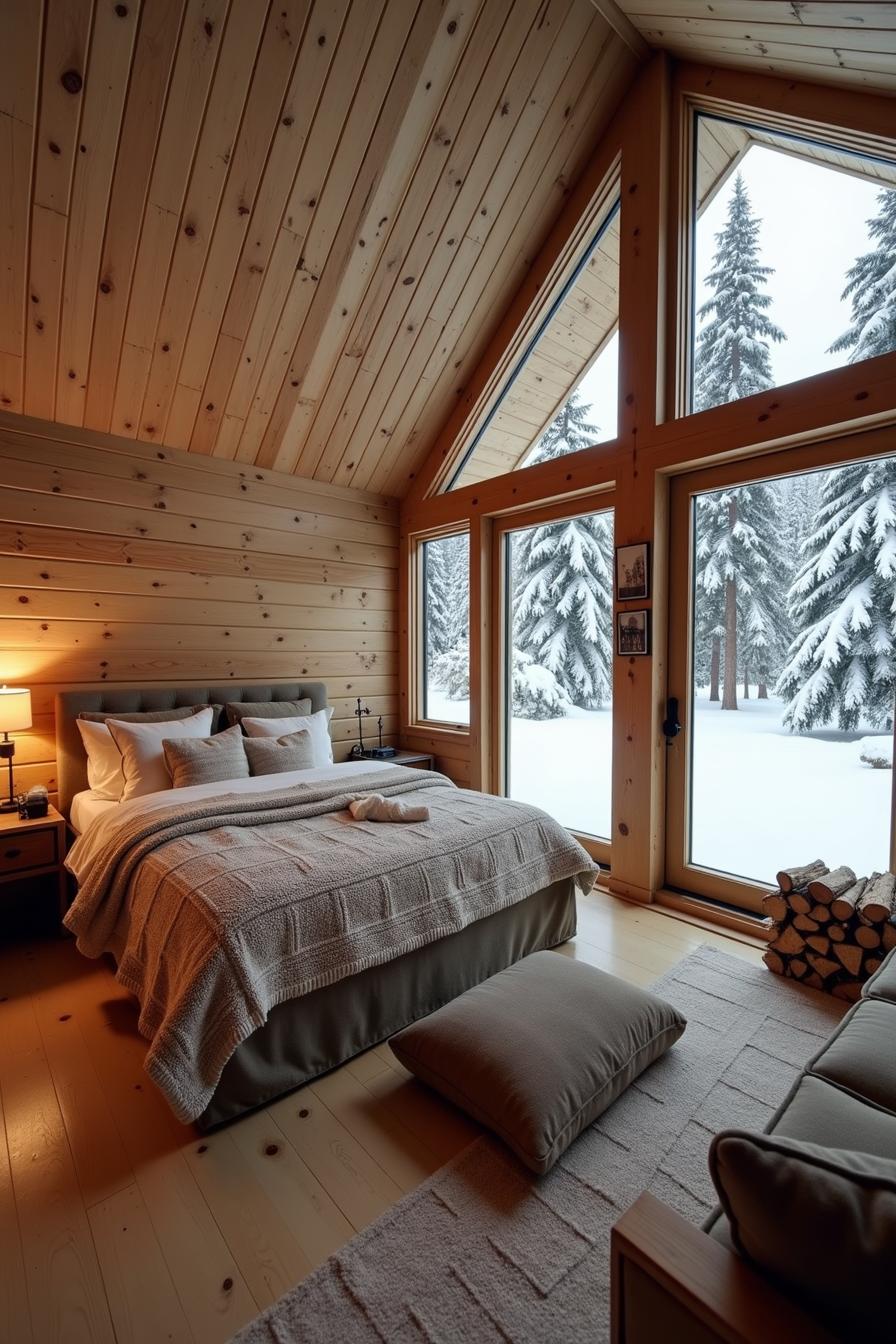 Cozy bedroom with large windows overlooking snowy forest