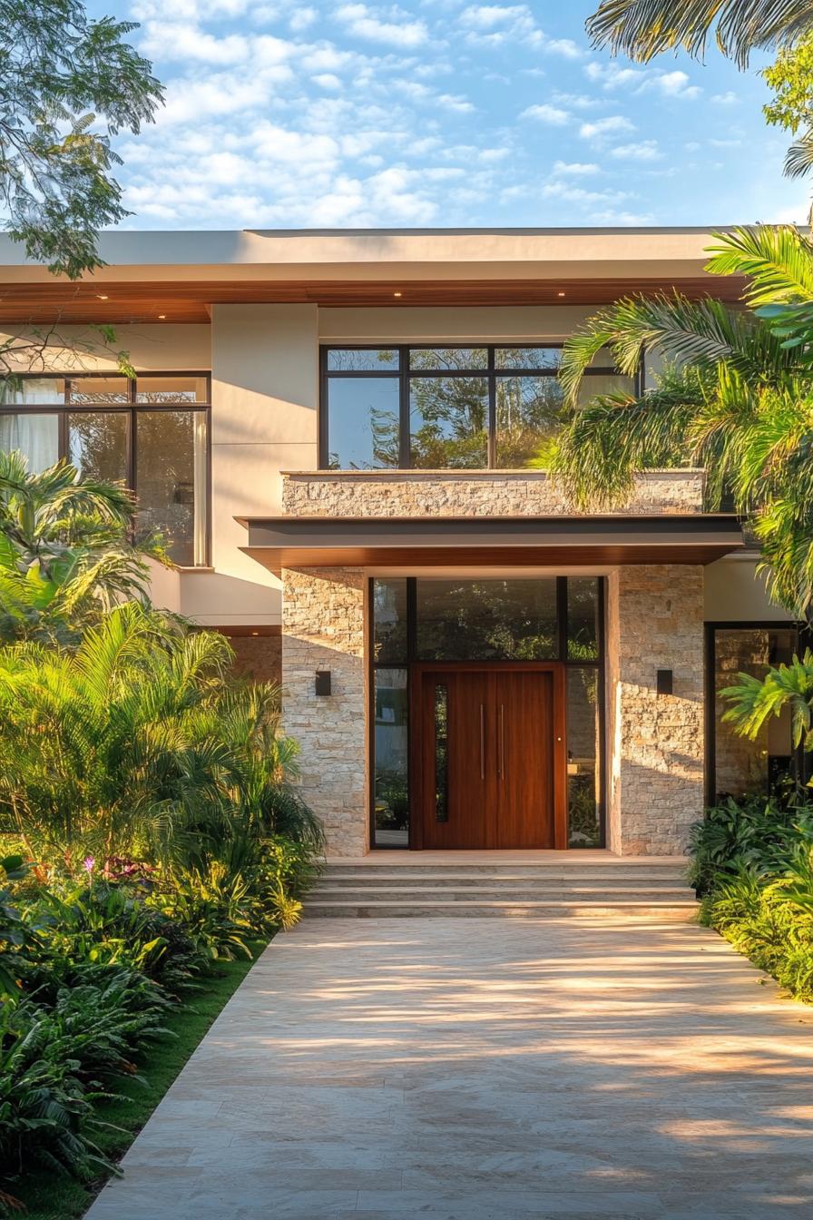 Modern house entrance surrounded by lush greenery