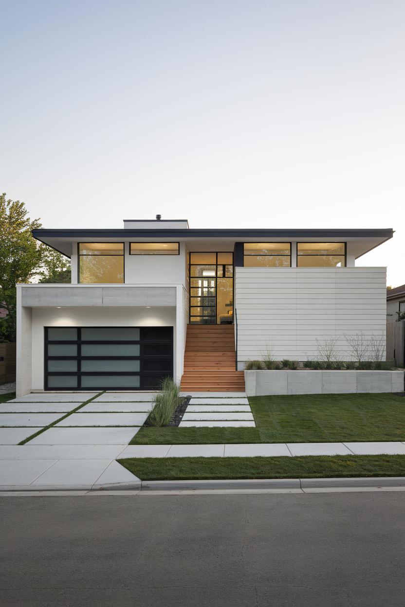 Modern house with garage and wooden stairs