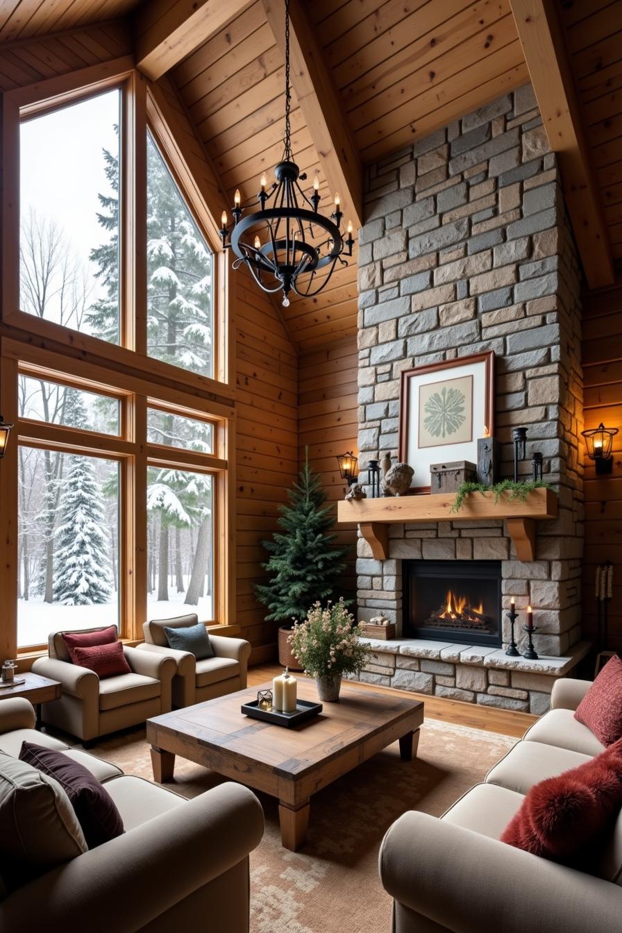 Cozy living room with a stone fireplace in a wooden cabin