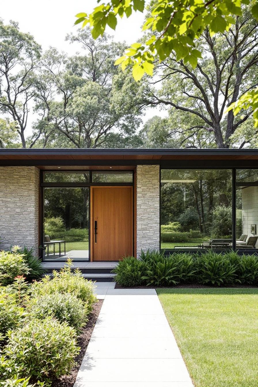 Front view of a mid-century ranch house with large windows and lush greenery