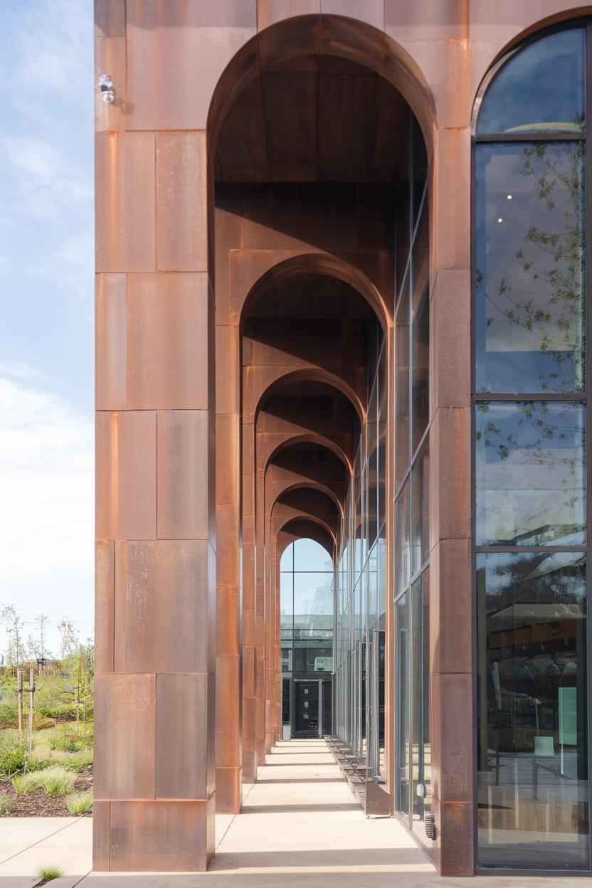 Rust-colored arched walkway with glass panels